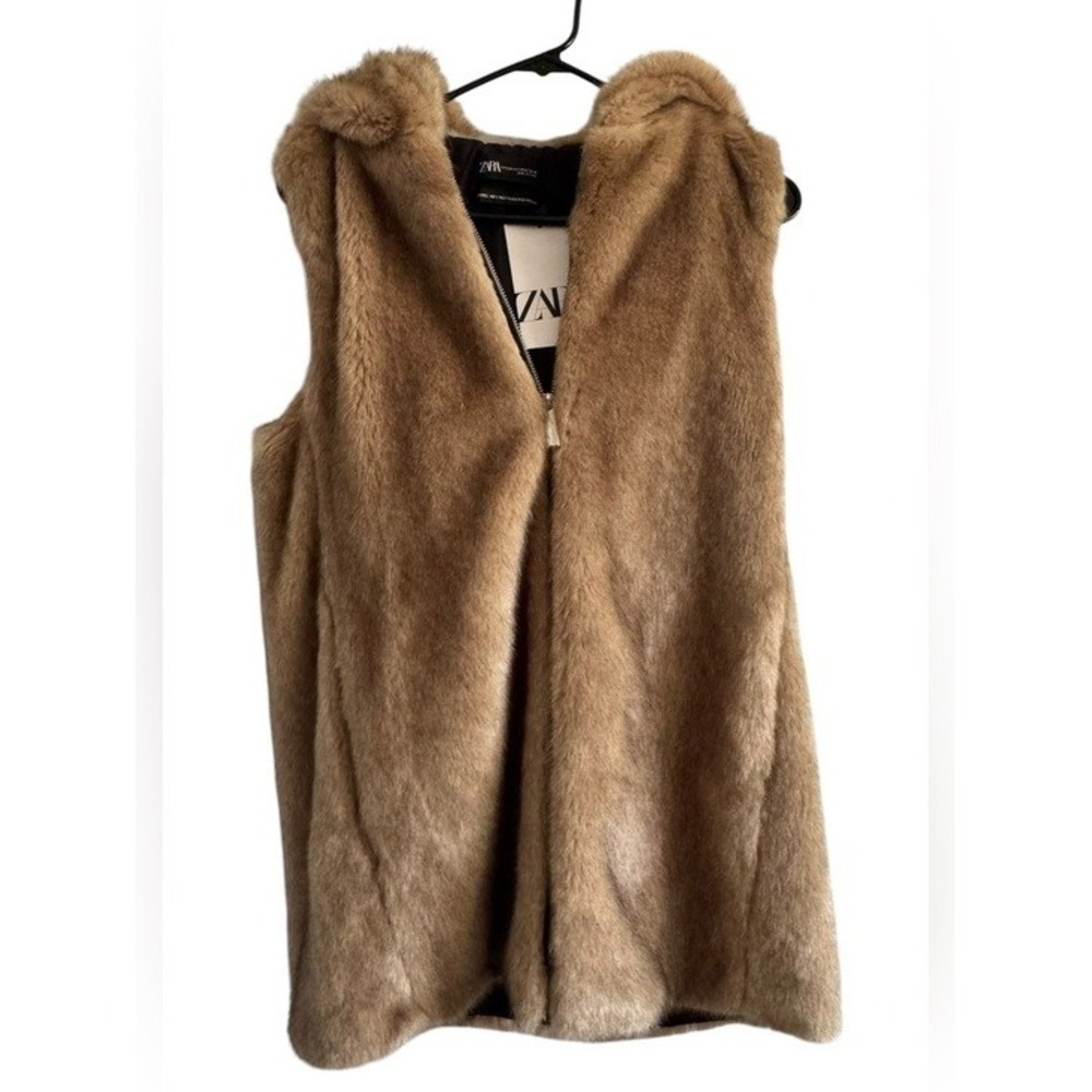 Zara Light Brown Tan Hooded Faux Fur Teddy Vest Zip up Pocket Size Medium - Picture 4 of 12